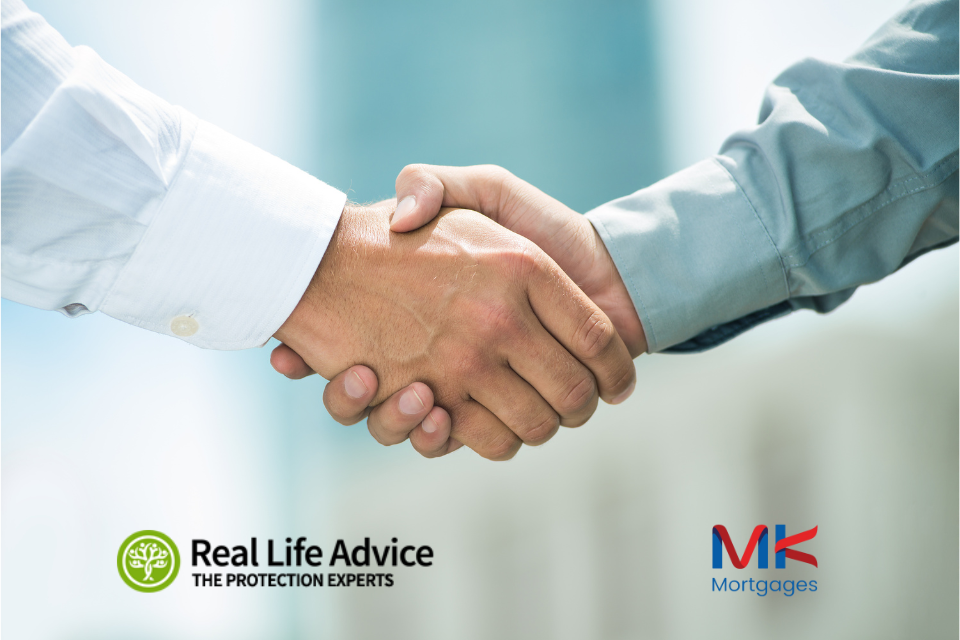 Two people shaking hands above the MK Mortgages logo and the Real Life Advice logo